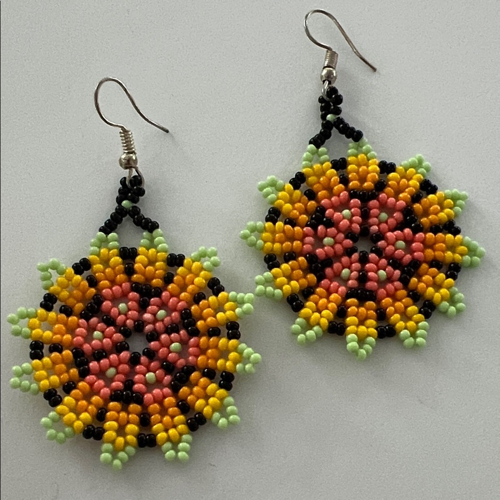 Colorful Handmade Beaded Sunflower Earrings
